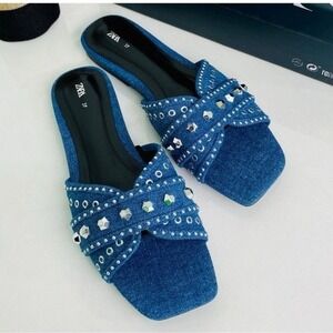 Zara Blue Denim Studded Eyelet Flat Sandals Square Toe Slides Size 39